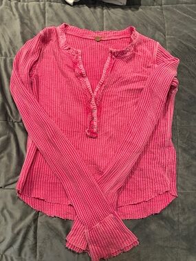 Free People Hot Pink Waffle Knit Henley Long Sleeve Top